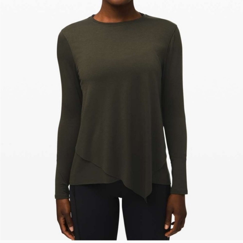 Lululemon Sweetest Day Top with Asymmetric Hem Dark Olive Sz 6-8